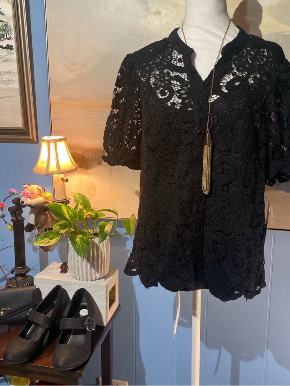 Nanette Lepore Black Crochet Lace Short Sleeve Top